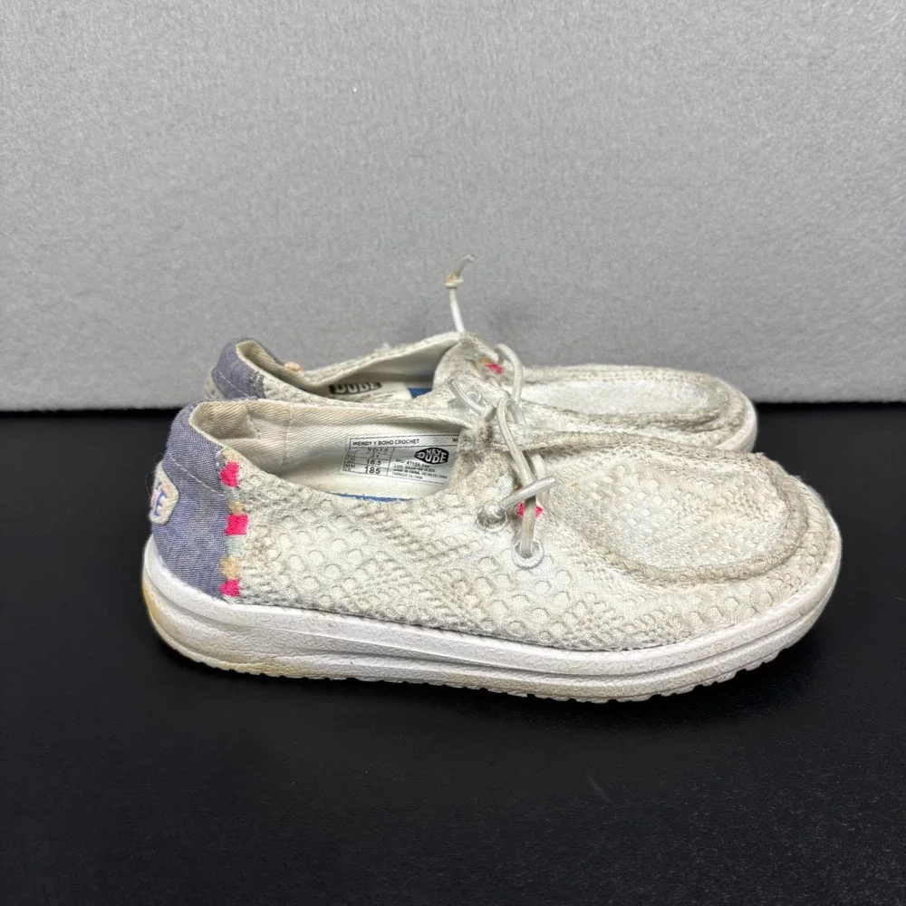 HEYDUDE Wendy Boho Crochet White Shoes Girls Youth Size 12 Kids Low Top Slip On